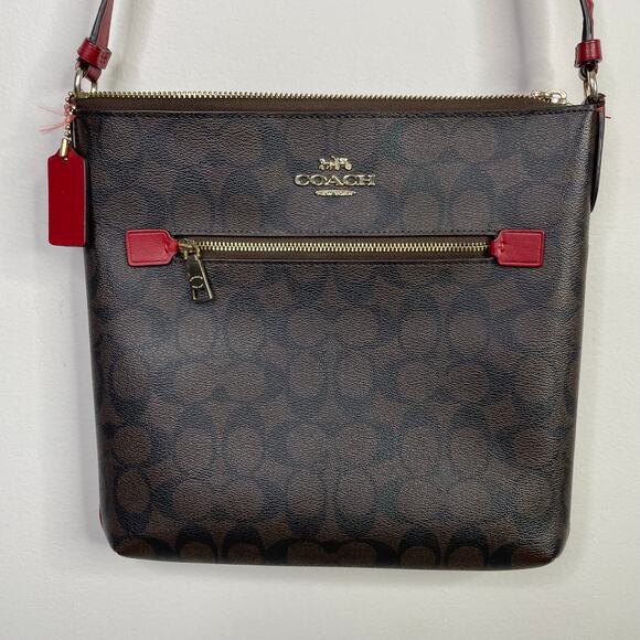 Coach Mini Rowan File Bag Signature Canvas  Brown Red Crossbody Classic Purse - Picture 1 of 17